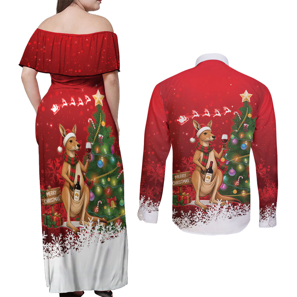 Australia Christmas In July Couples Matching Off Shoulder Maxi Dress and Long Sleeve Button Shirt Kangaroo Santa With Aussie Wine