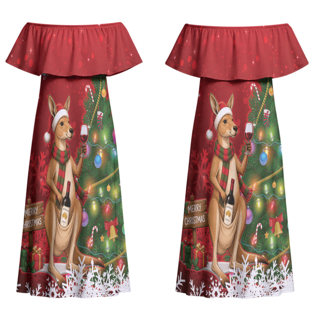 Australia Christmas In July Couples Matching Off Shoulder Maxi Dress and Long Sleeve Button Shirt Kangaroo Santa With Aussie Wine LT14