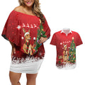 Australia Christmas In July Couples Matching Off Shoulder Short Dress and Hawaiian Shirt Kangaroo Santa With Aussie Wine