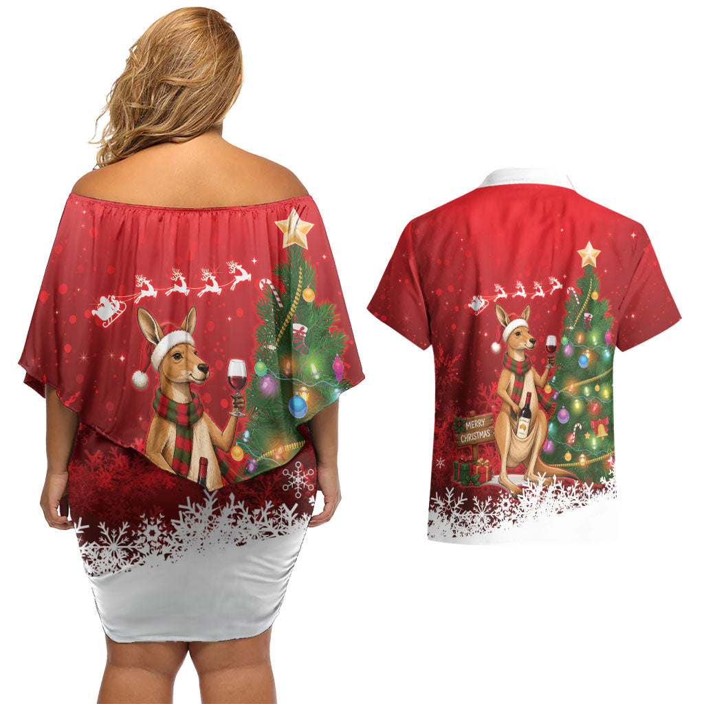 Australia Christmas In July Couples Matching Off Shoulder Short Dress and Hawaiian Shirt Kangaroo Santa With Aussie Wine