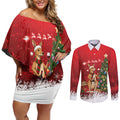 Australia Christmas In July Couples Matching Off Shoulder Short Dress and Long Sleeve Button Shirt Kangaroo Santa With Aussie Wine