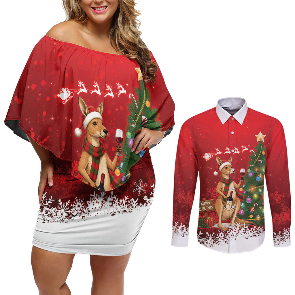 Australia Christmas In July Couples Matching Off Shoulder Short Dress and Long Sleeve Button Shirt Kangaroo Santa With Aussie Wine