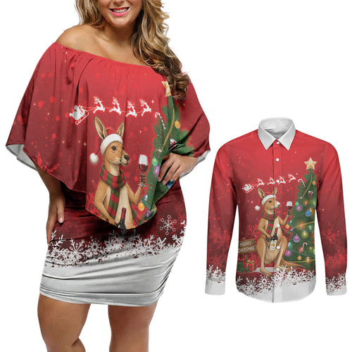Australia Christmas In July Couples Matching Off Shoulder Short Dress and Long Sleeve Button Shirt Kangaroo Santa With Aussie Wine