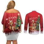 Australia Christmas In July Couples Matching Off Shoulder Short Dress and Long Sleeve Button Shirt Kangaroo Santa With Aussie Wine