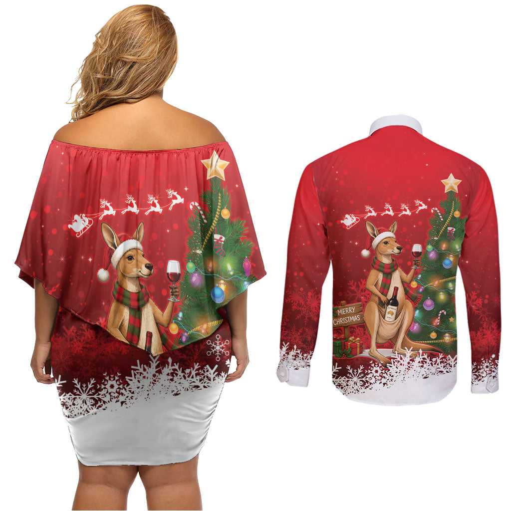 Australia Christmas In July Couples Matching Off Shoulder Short Dress and Long Sleeve Button Shirt Kangaroo Santa With Aussie Wine