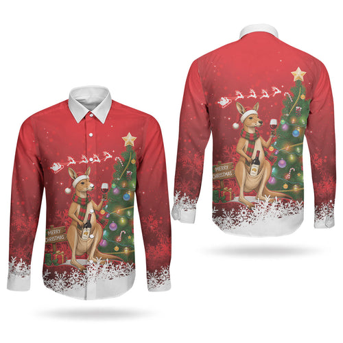 Australia Christmas In July Couples Matching Off Shoulder Short Dress and Long Sleeve Button Shirt Kangaroo Santa With Aussie Wine