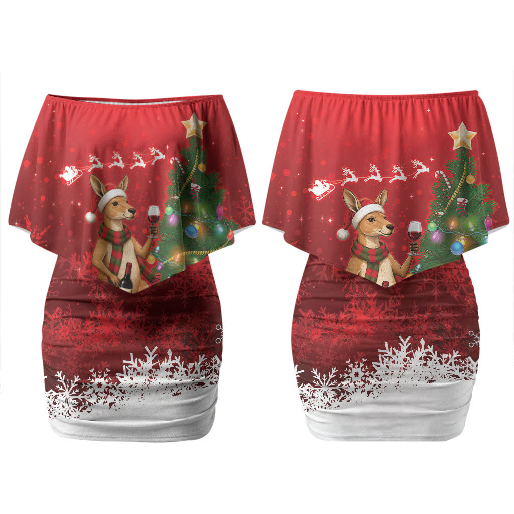 Australia Christmas In July Couples Matching Off Shoulder Short Dress and Long Sleeve Button Shirt Kangaroo Santa With Aussie Wine LT14