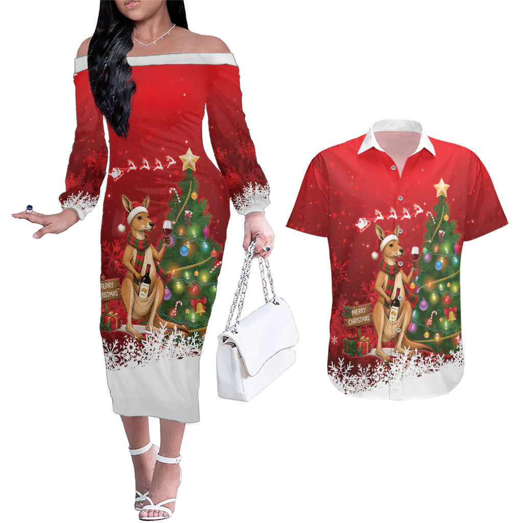 Australia Christmas In July Couples Matching Off The Shoulder Long Sleeve Dress and Hawaiian Shirt Kangaroo Santa With Aussie Wine