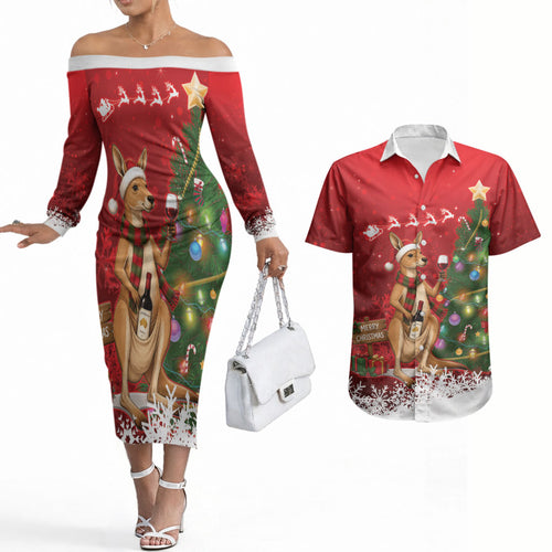 Australia Christmas In July Couples Matching Off The Shoulder Long Sleeve Dress and Hawaiian Shirt Kangaroo Santa With Aussie Wine