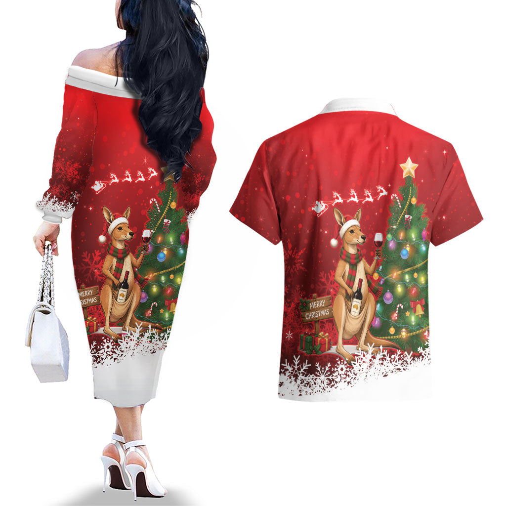 Australia Christmas In July Couples Matching Off The Shoulder Long Sleeve Dress and Hawaiian Shirt Kangaroo Santa With Aussie Wine