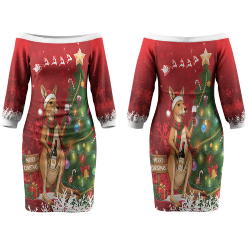 Australia Christmas In July Couples Matching Off The Shoulder Long Sleeve Dress and Hawaiian Shirt Kangaroo Santa With Aussie Wine LT14