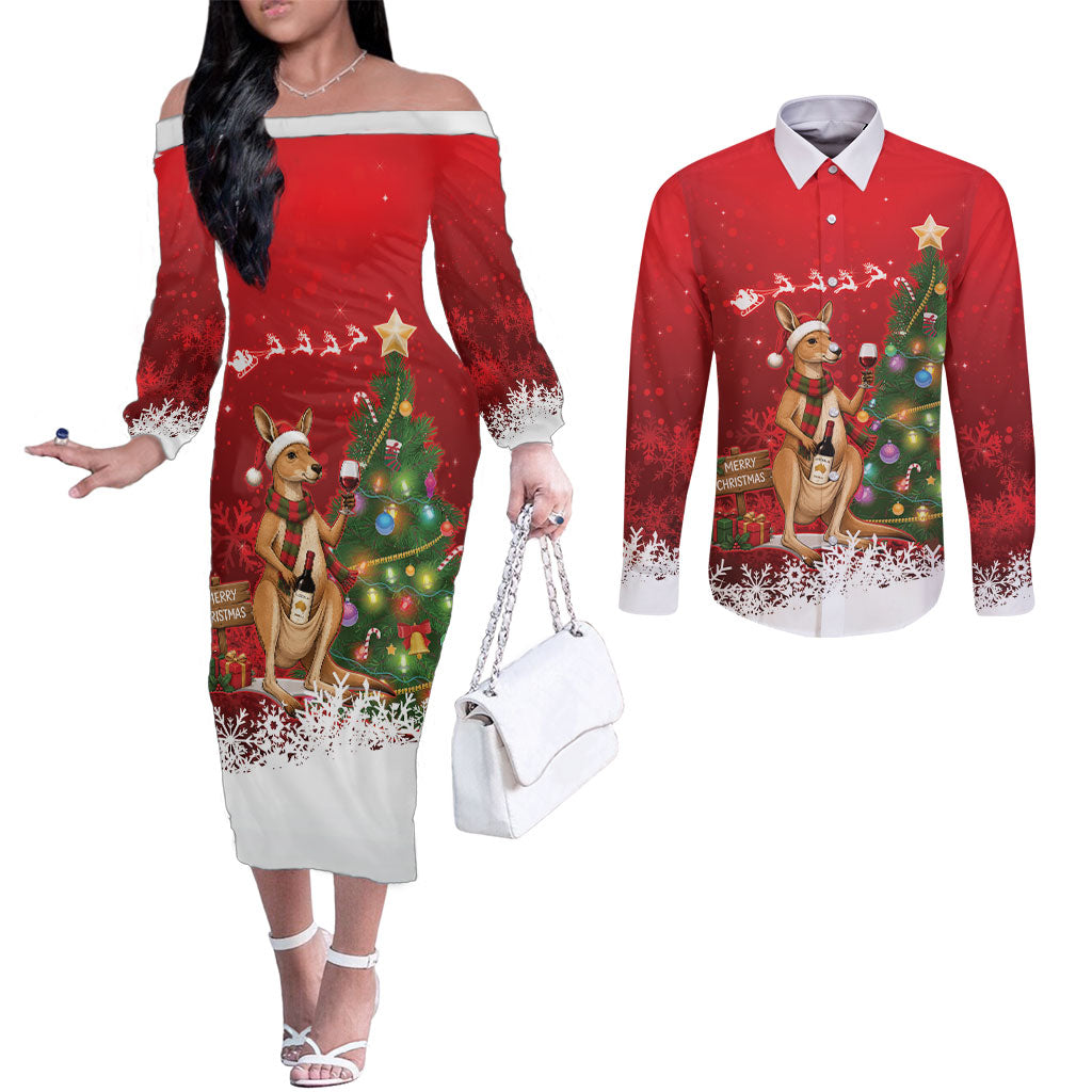 Australia Christmas In July Couples Matching Off The Shoulder Long Sleeve Dress and Long Sleeve Button Shirt Kangaroo Santa With Aussie Wine