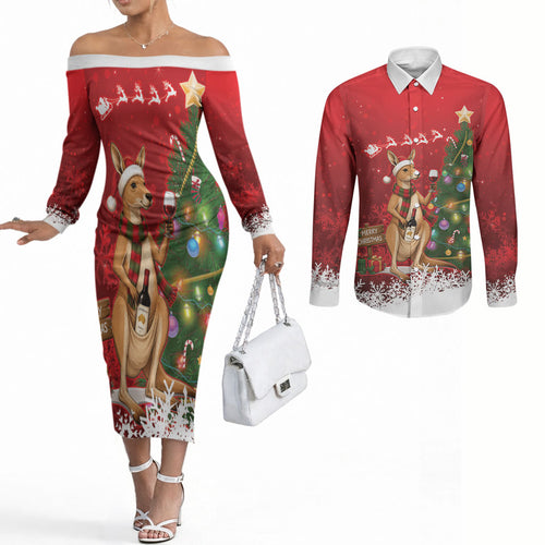 Australia Christmas In July Couples Matching Off The Shoulder Long Sleeve Dress and Long Sleeve Button Shirt Kangaroo Santa With Aussie Wine