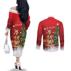 Australia Christmas In July Couples Matching Off The Shoulder Long Sleeve Dress and Long Sleeve Button Shirt Kangaroo Santa With Aussie Wine