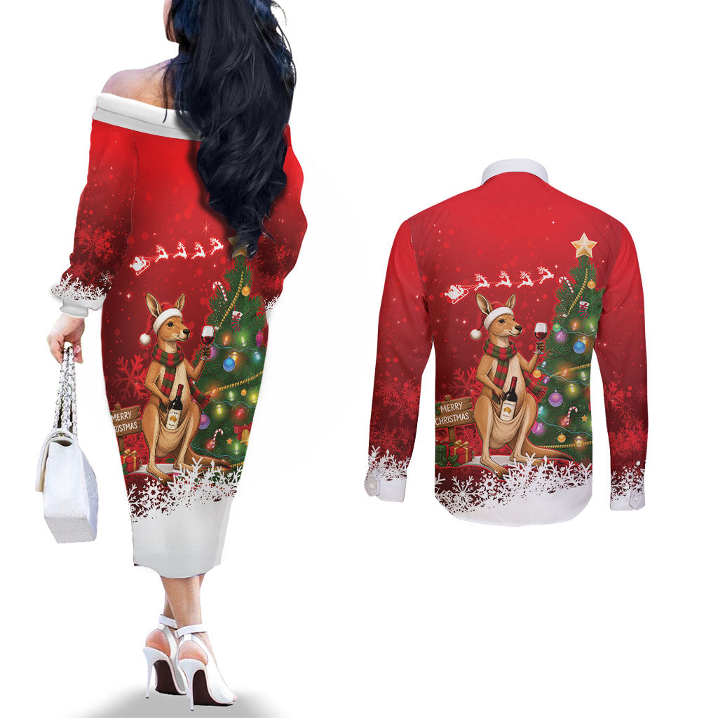 Australia Christmas In July Couples Matching Off The Shoulder Long Sleeve Dress and Long Sleeve Button Shirt Kangaroo Santa With Aussie Wine