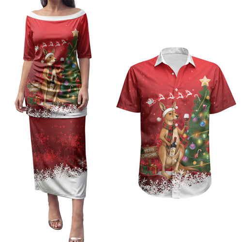 Australia Christmas In July Couples Matching Puletasi and Hawaiian Shirt Kangaroo Santa With Aussie Wine