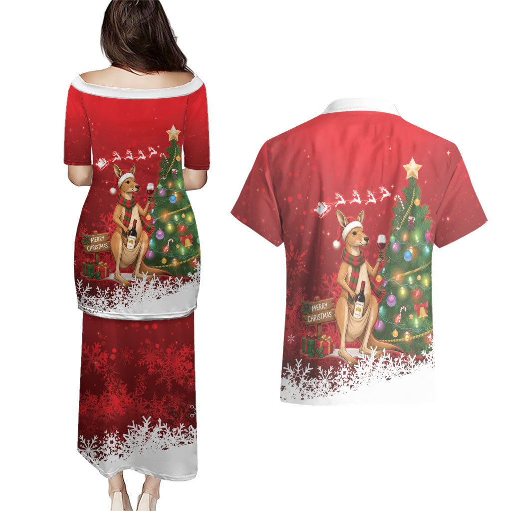Australia Christmas In July Couples Matching Puletasi and Hawaiian Shirt Kangaroo Santa With Aussie Wine