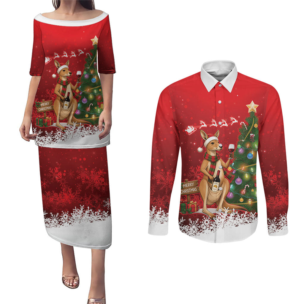 Australia Christmas In July Couples Matching Puletasi and Long Sleeve Button Shirt Kangaroo Santa With Aussie Wine
