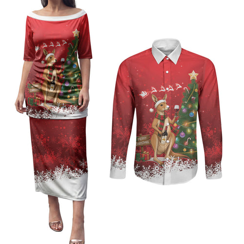 Australia Christmas In July Couples Matching Puletasi and Long Sleeve Button Shirt Kangaroo Santa With Aussie Wine
