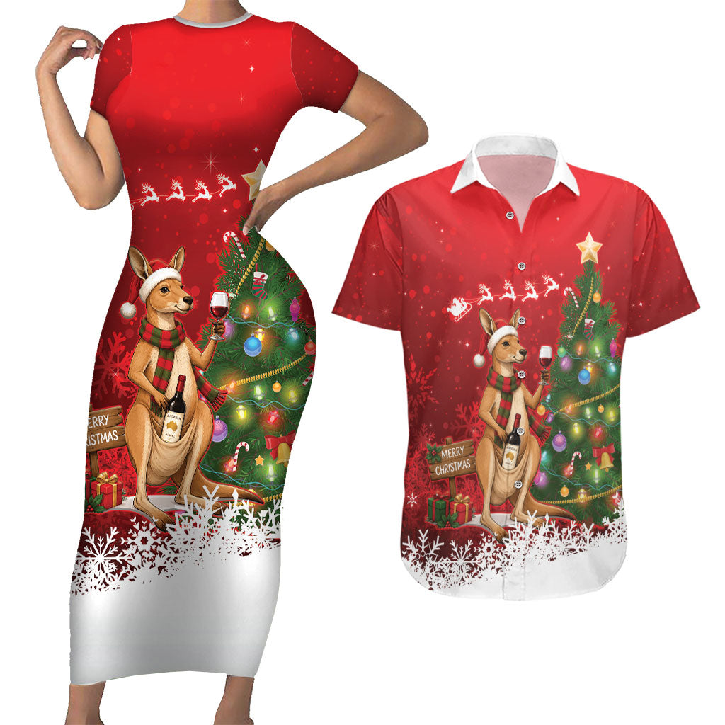 Australia Christmas In July Couples Matching Short Sleeve Bodycon Dress and Hawaiian Shirt Kangaroo Santa With Aussie Wine