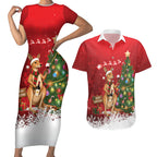 Australia Christmas In July Couples Matching Short Sleeve Bodycon Dress and Hawaiian Shirt Kangaroo Santa With Aussie Wine