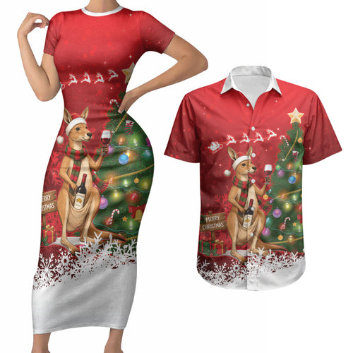 Australia Christmas In July Couples Matching Short Sleeve Bodycon Dress and Hawaiian Shirt Kangaroo Santa With Aussie Wine