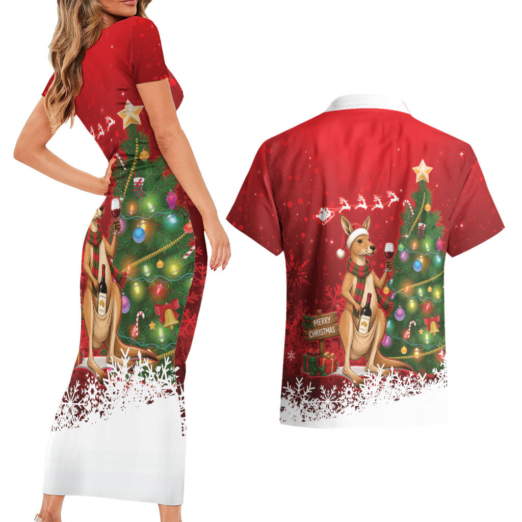 Australia Christmas In July Couples Matching Short Sleeve Bodycon Dress and Hawaiian Shirt Kangaroo Santa With Aussie Wine