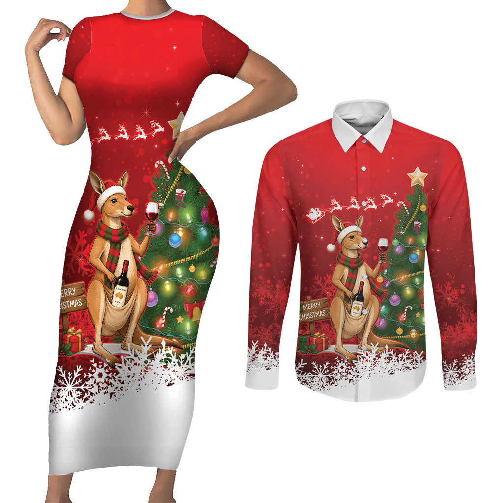 Australia Christmas In July Couples Matching Short Sleeve Bodycon Dress and Long Sleeve Button Shirt Kangaroo Santa With Aussie Wine