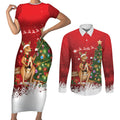Australia Christmas In July Couples Matching Short Sleeve Bodycon Dress and Long Sleeve Button Shirt Kangaroo Santa With Aussie Wine