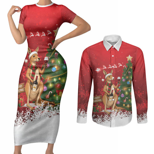 Australia Christmas In July Couples Matching Short Sleeve Bodycon Dress and Long Sleeve Button Shirt Kangaroo Santa With Aussie Wine