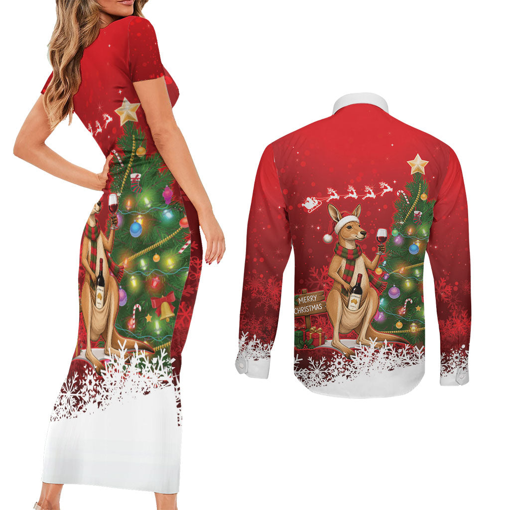 Australia Christmas In July Couples Matching Short Sleeve Bodycon Dress and Long Sleeve Button Shirt Kangaroo Santa With Aussie Wine