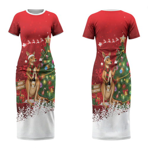 Australia Christmas In July Couples Matching Short Sleeve Bodycon Dress and Long Sleeve Button Shirt Kangaroo Santa With Aussie Wine LT14