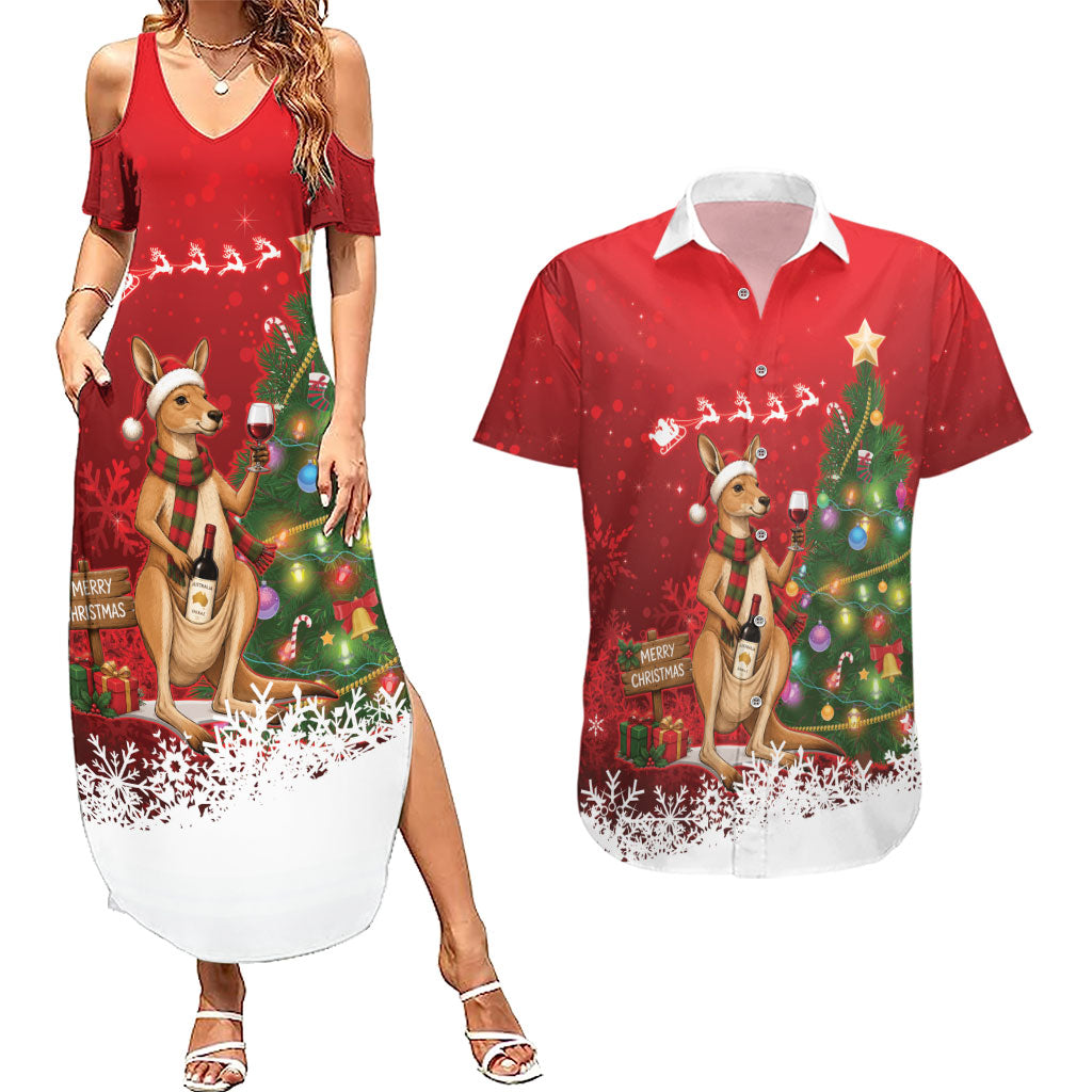 Australia Christmas In July Couples Matching Summer Maxi Dress and Hawaiian Shirt Kangaroo Santa With Aussie Wine