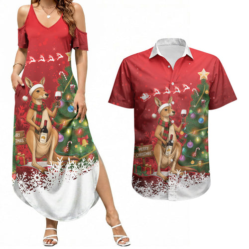 Australia Christmas In July Couples Matching Summer Maxi Dress and Hawaiian Shirt Kangaroo Santa With Aussie Wine
