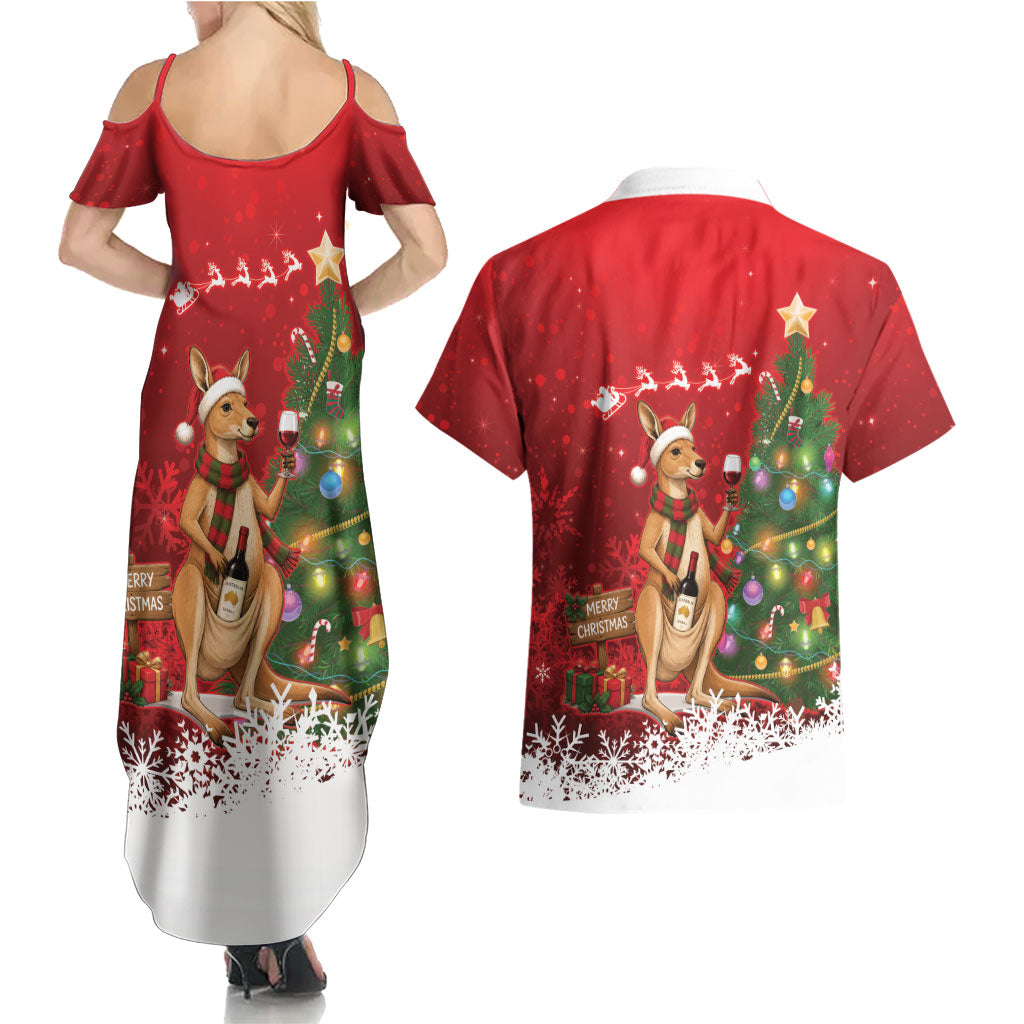 Australia Christmas In July Couples Matching Summer Maxi Dress and Hawaiian Shirt Kangaroo Santa With Aussie Wine