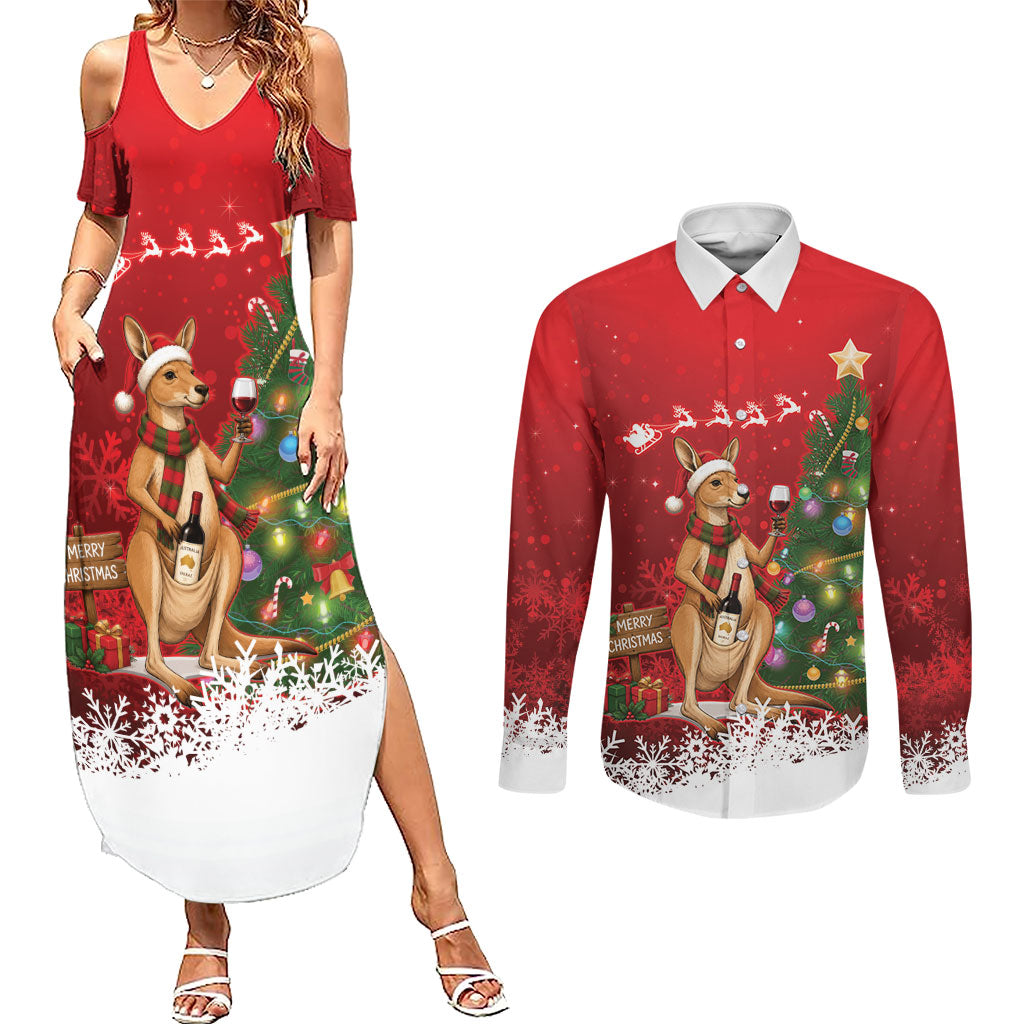 Australia Christmas In July Couples Matching Summer Maxi Dress and Long Sleeve Button Shirt Kangaroo Santa With Aussie Wine