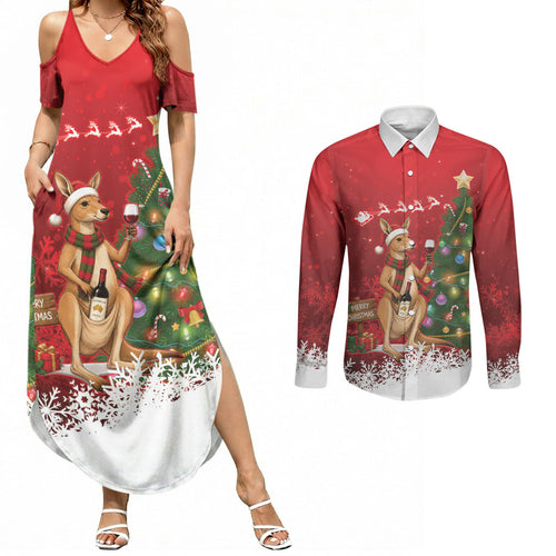 Australia Christmas In July Couples Matching Summer Maxi Dress and Long Sleeve Button Shirt Kangaroo Santa With Aussie Wine