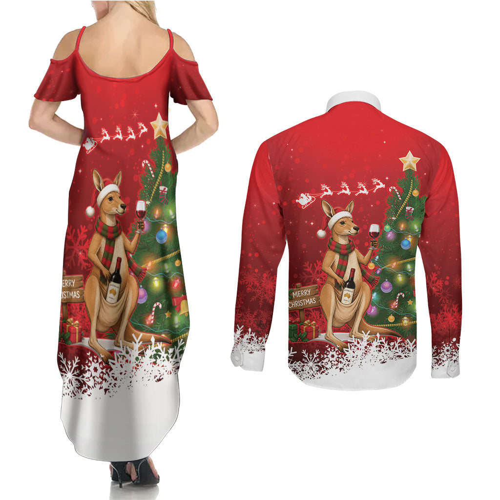 Australia Christmas In July Couples Matching Summer Maxi Dress and Long Sleeve Button Shirt Kangaroo Santa With Aussie Wine
