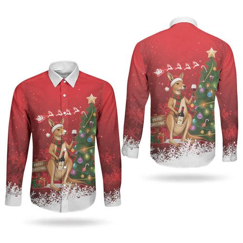 Australia Christmas In July Couples Matching Summer Maxi Dress and Long Sleeve Button Shirt Kangaroo Santa With Aussie Wine