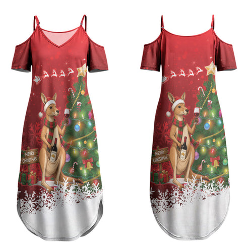 Australia Christmas In July Couples Matching Summer Maxi Dress and Long Sleeve Button Shirt Kangaroo Santa With Aussie Wine LT14