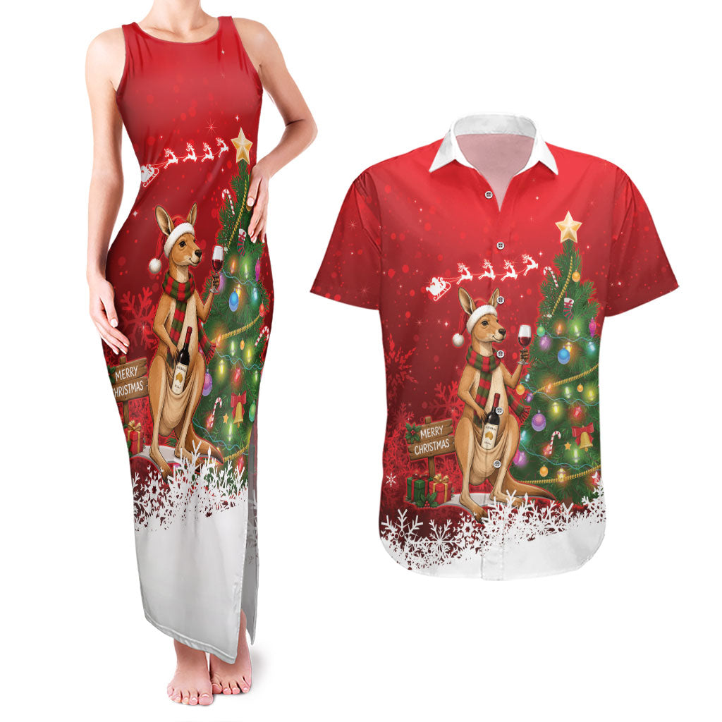 Australia Christmas In July Couples Matching Tank Maxi Dress and Hawaiian Shirt Kangaroo Santa With Aussie Wine