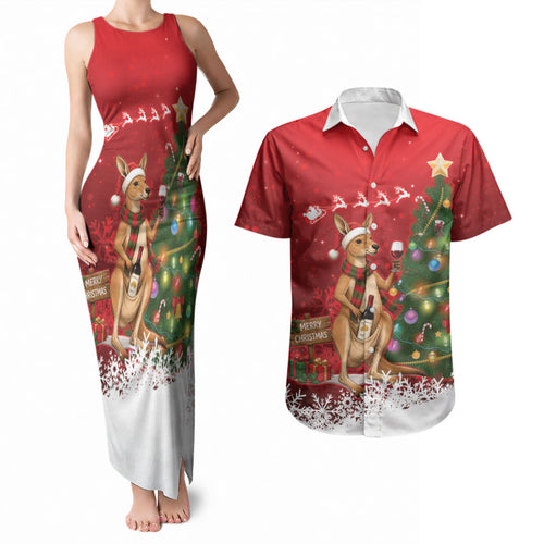 Australia Christmas In July Couples Matching Tank Maxi Dress and Hawaiian Shirt Kangaroo Santa With Aussie Wine