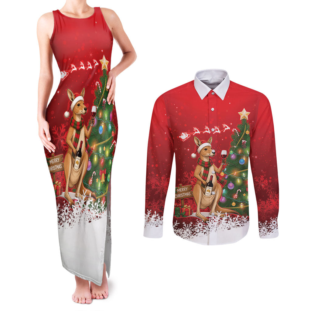 Australia Christmas In July Couples Matching Tank Maxi Dress and Long Sleeve Button Shirt Kangaroo Santa With Aussie Wine