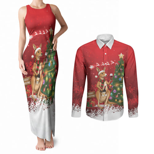 Australia Christmas In July Couples Matching Tank Maxi Dress and Long Sleeve Button Shirt Kangaroo Santa With Aussie Wine