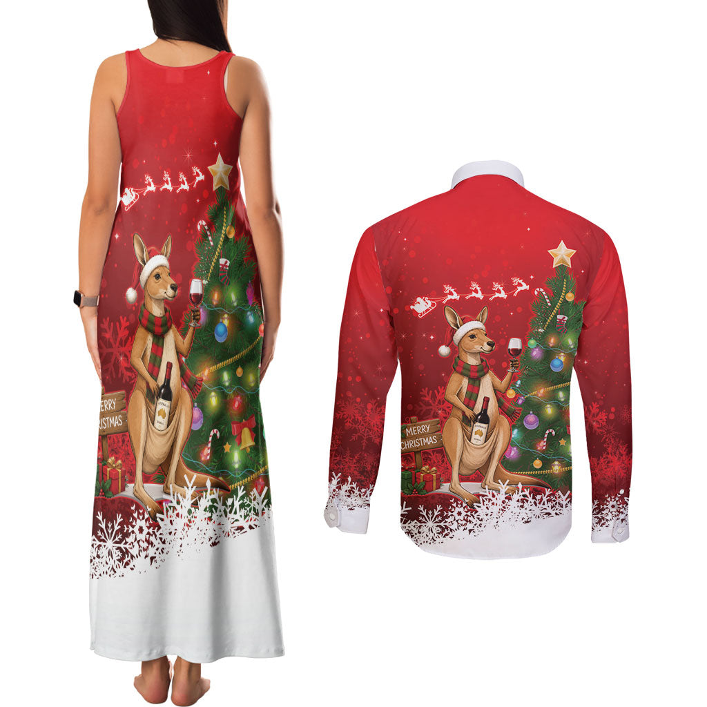 Australia Christmas In July Couples Matching Tank Maxi Dress and Long Sleeve Button Shirt Kangaroo Santa With Aussie Wine