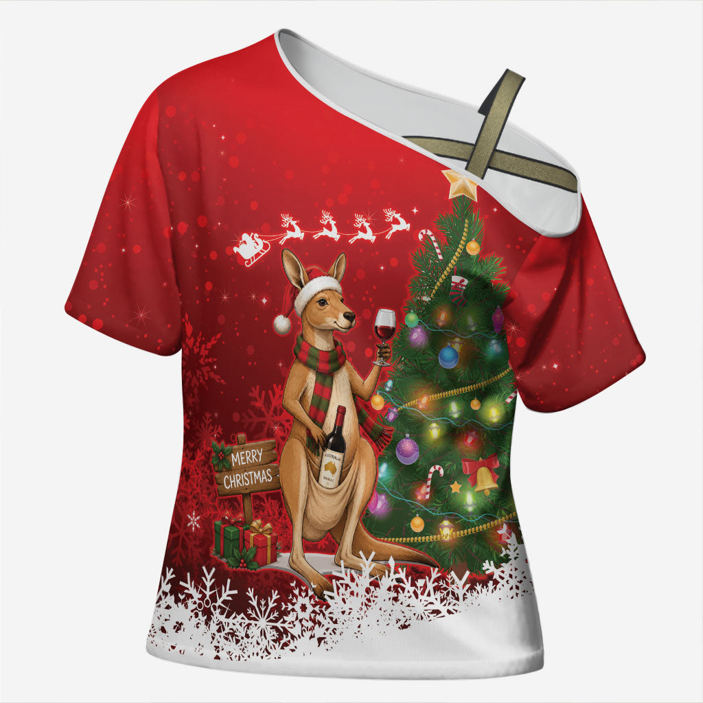 Australia Christmas In July Cross Shoulder Shirt Kangaroo Santa With Aussie Wine