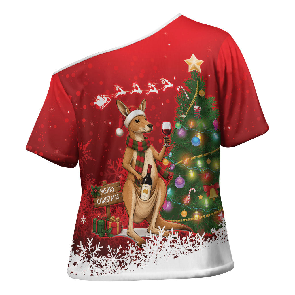 Australia Christmas In July Cross Shoulder Shirt Kangaroo Santa With Aussie Wine