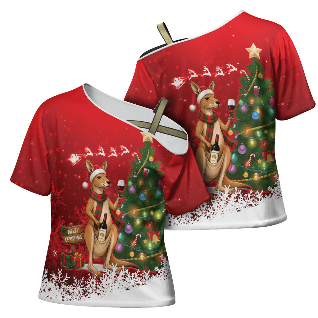 Australia Christmas In July Cross Shoulder Shirt Kangaroo Santa With Aussie Wine