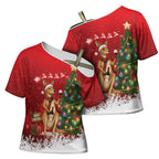 Australia Christmas In July Cross Shoulder Shirt Kangaroo Santa With Aussie Wine