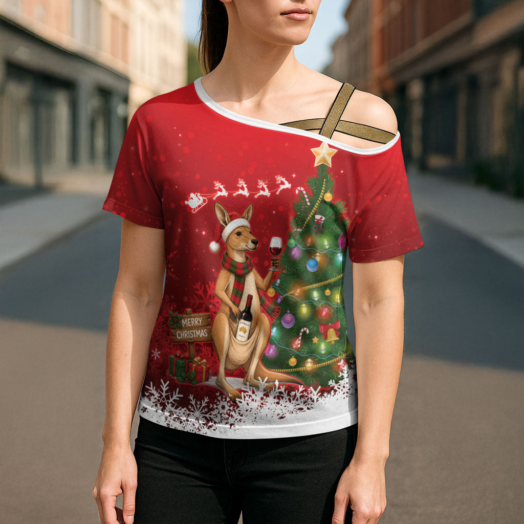 Australia Christmas In July Cross Shoulder Shirt Kangaroo Santa With Aussie Wine